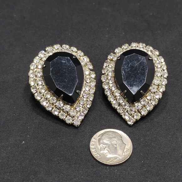 MUSI Vintage Shoe Clips Black Glass Teardrop & Clear Rhinestones Prong Set - Picture 5 of 10